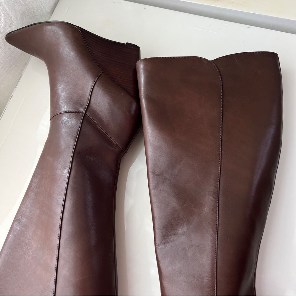 Nine West Sz 7 Varin Wide Calf Brown Leather Wood Wedge Knee High Boots - Picture 10 of 15